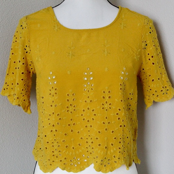 Mustard Yellow Eyelet Embroidery Scalloped Hem Top - Picture 1 of 9